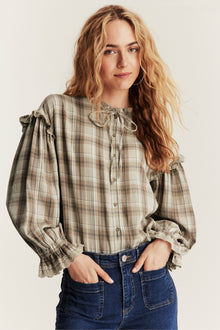 Women's beige checked frill blouse