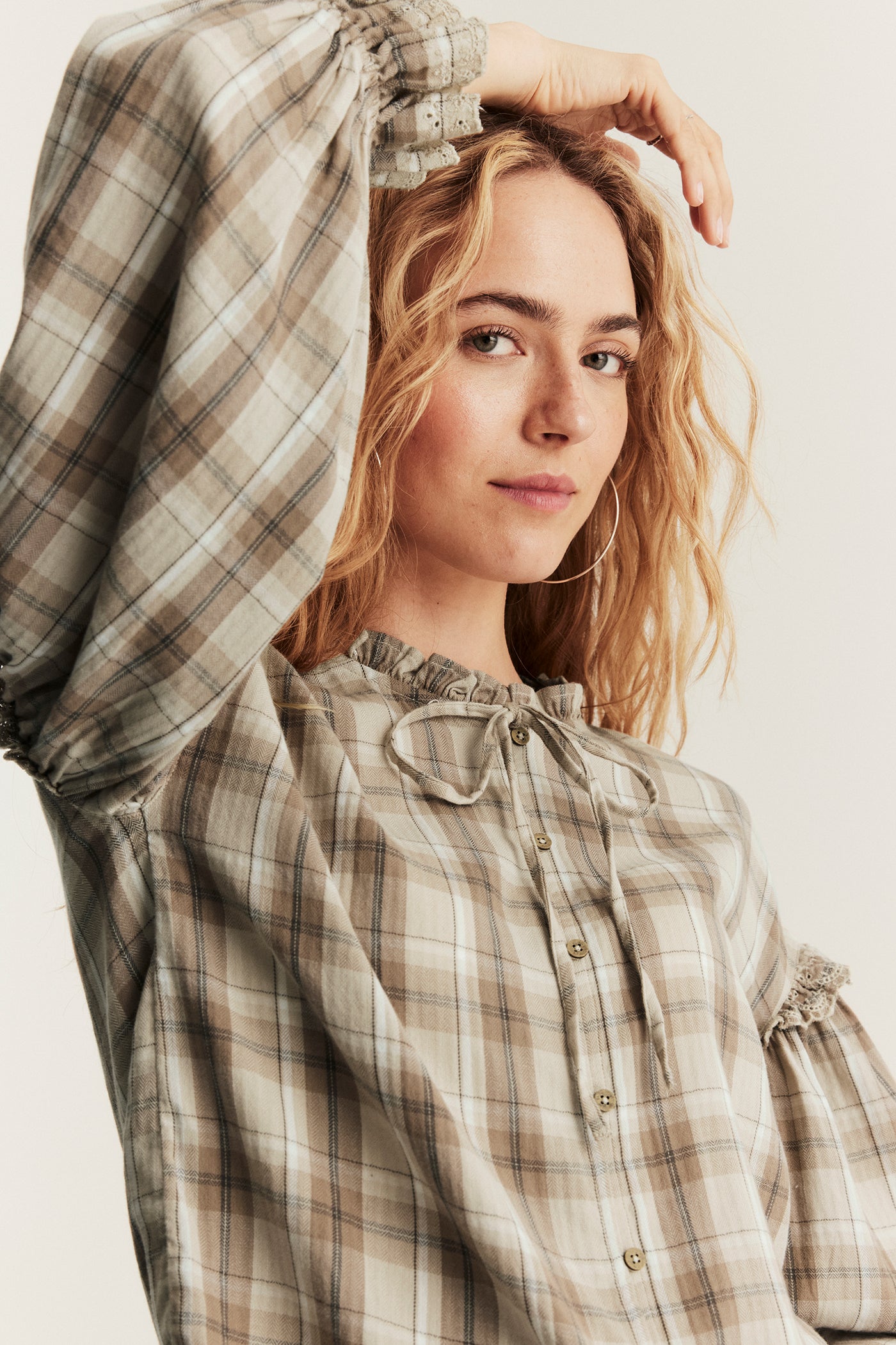 Women's beige checked frill blouse