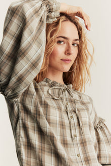 Women's beige checked frill blouse