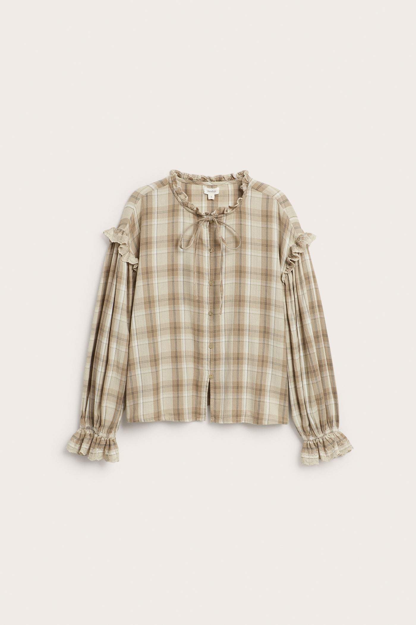 Women's beige checked frill blouse