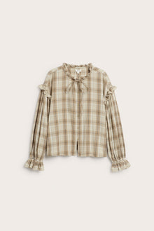 Women's beige checked frill blouse