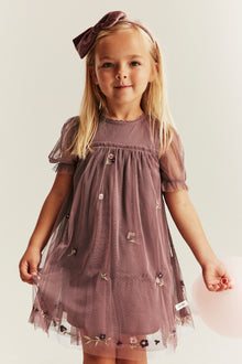 Kids' pink floral mesh dress with embroidery
