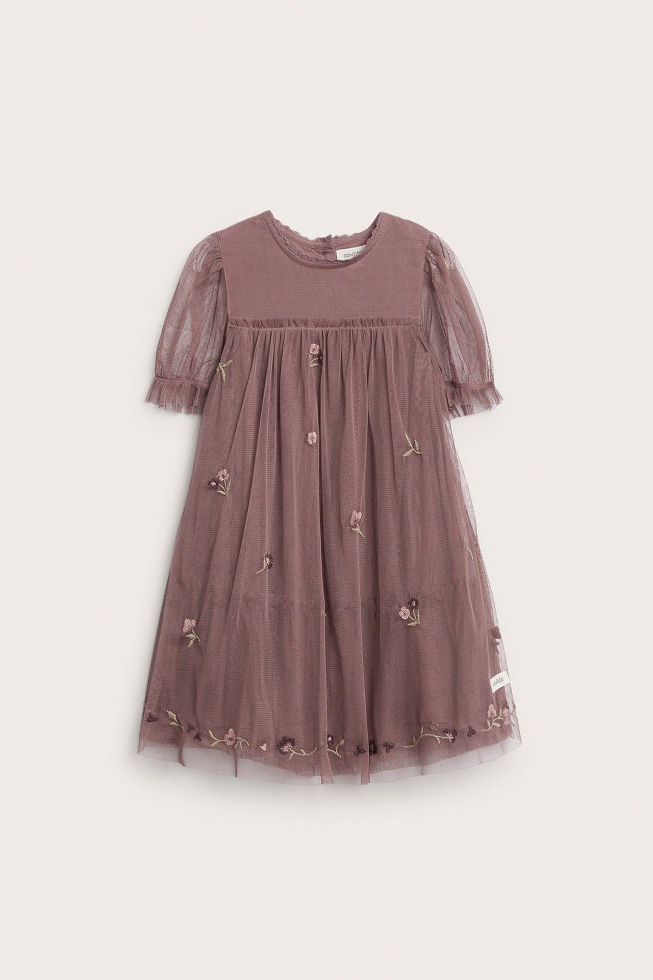 Kids' pink floral mesh dress with embroidery