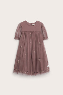 Kids' pink floral mesh dress with embroidery