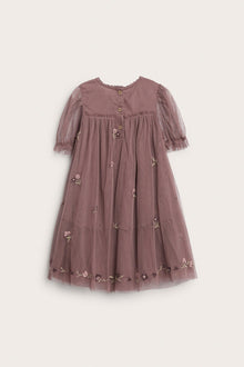 Kids' pink floral mesh dress with embroidery