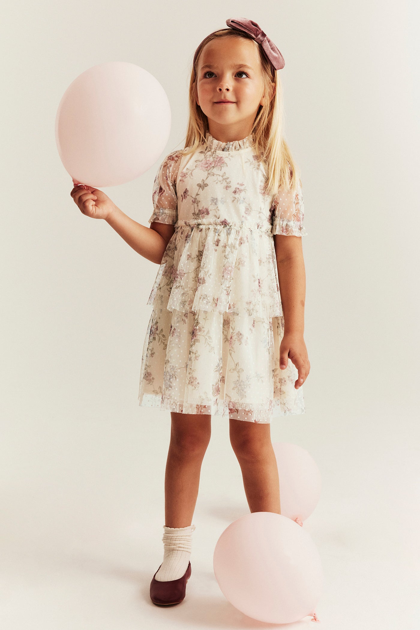 Kids´beige floral mesh dress