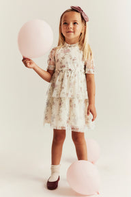 Kids´beige floral mesh dress
