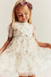 Kids´beige floral mesh dress