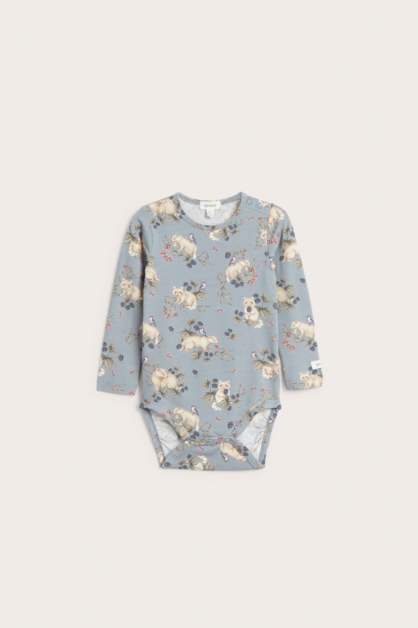 Baby blue raccoon and berry bodysuit