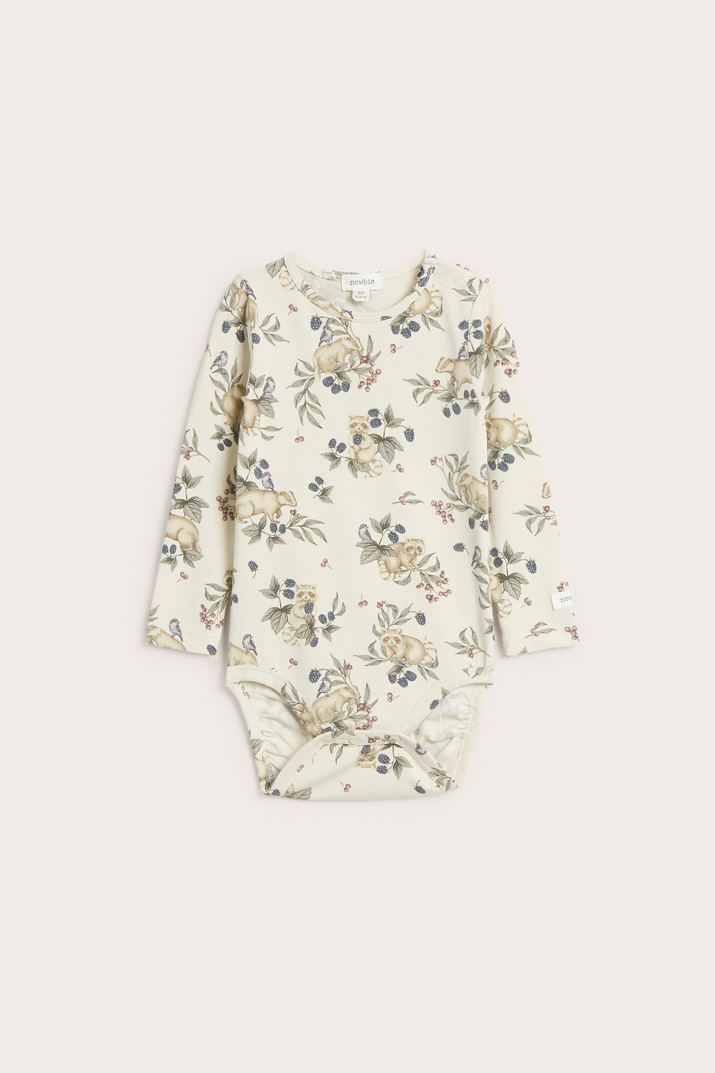 Baby beige raccoon and berry bodysuit