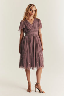 Women's pink floral mesh dress with embroidery