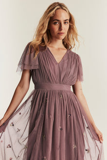 Women's pink floral mesh dress with embroidery