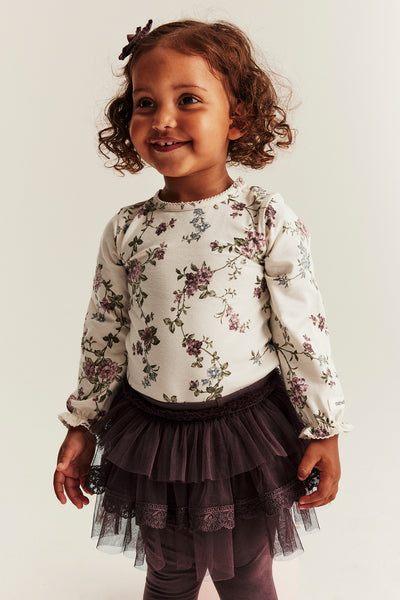 Baby beige floral bodysuit with puff sleeves
