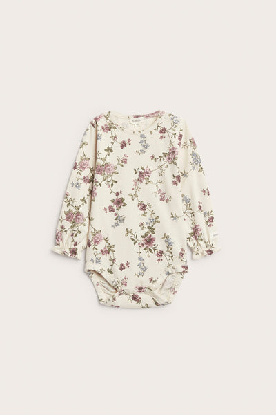 Baby beige floral bodysuit with puff sleeves