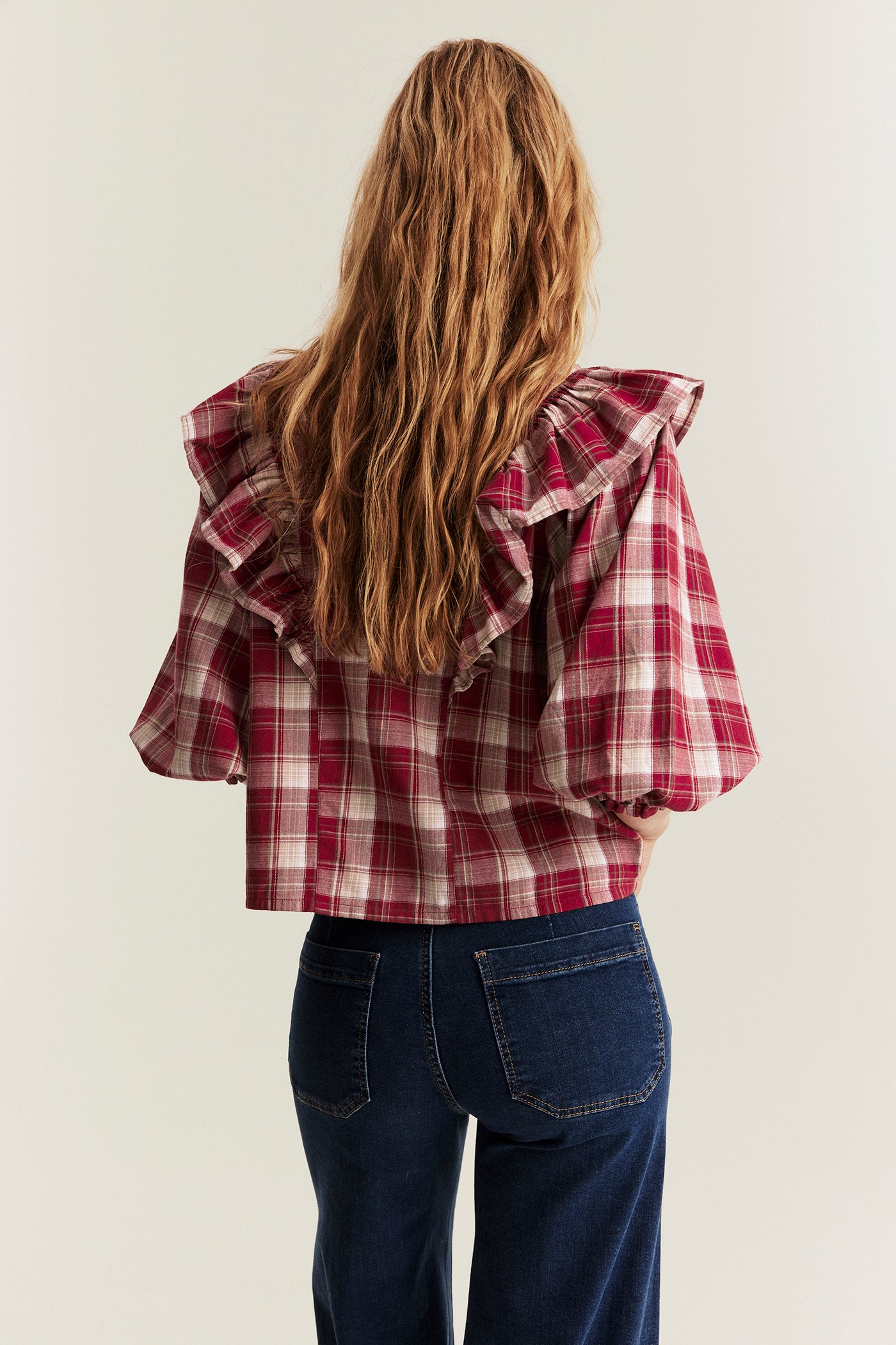 Women's red checked frill blouse