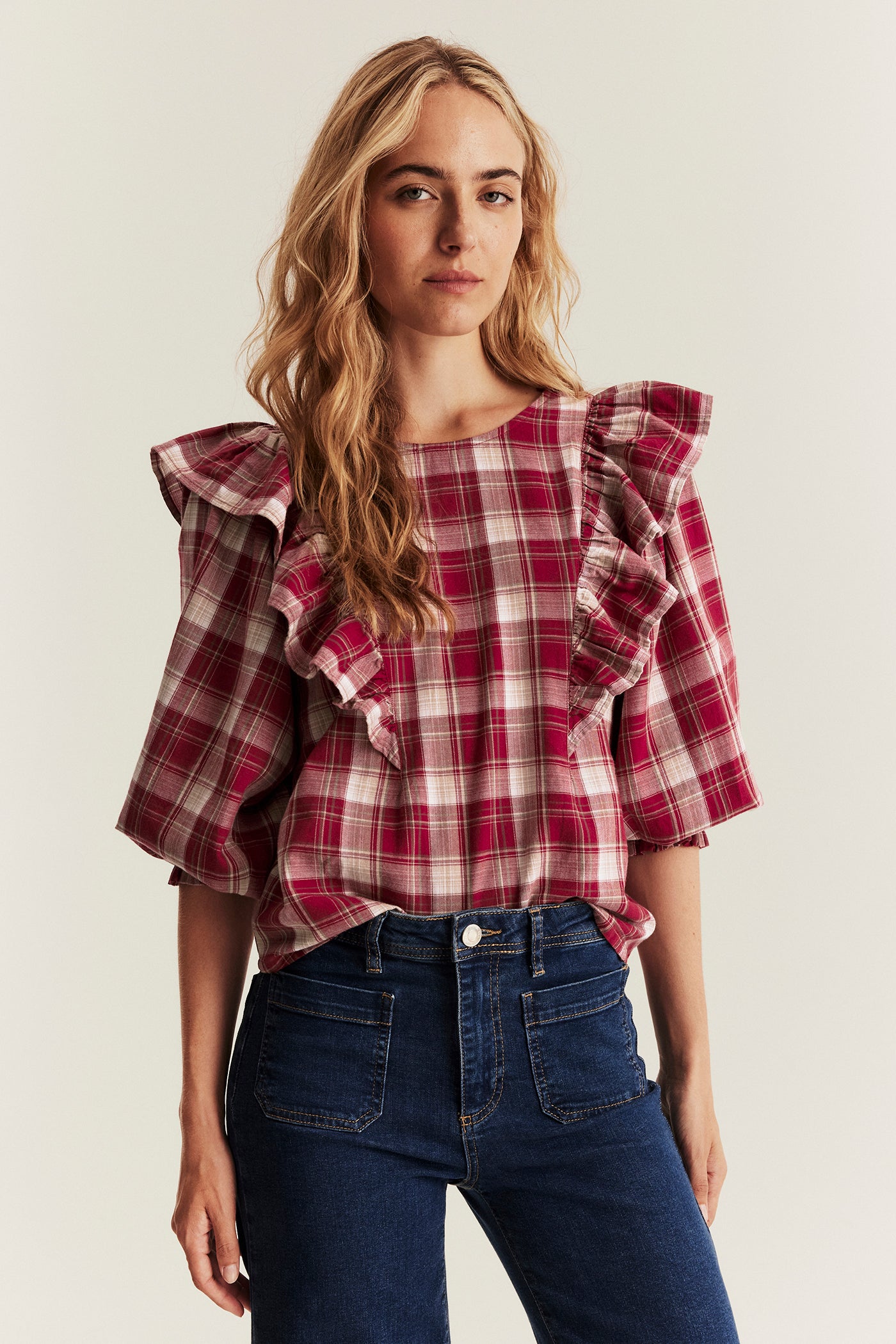 Women's red checked frill blouse