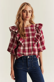 Women's red checked frill blouse
