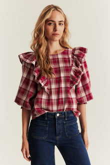 Women's red checked frill blouse