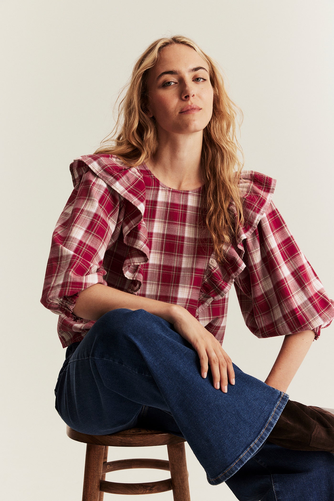 Women's red checked frill blouse