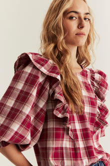 Women's red checked frill blouse