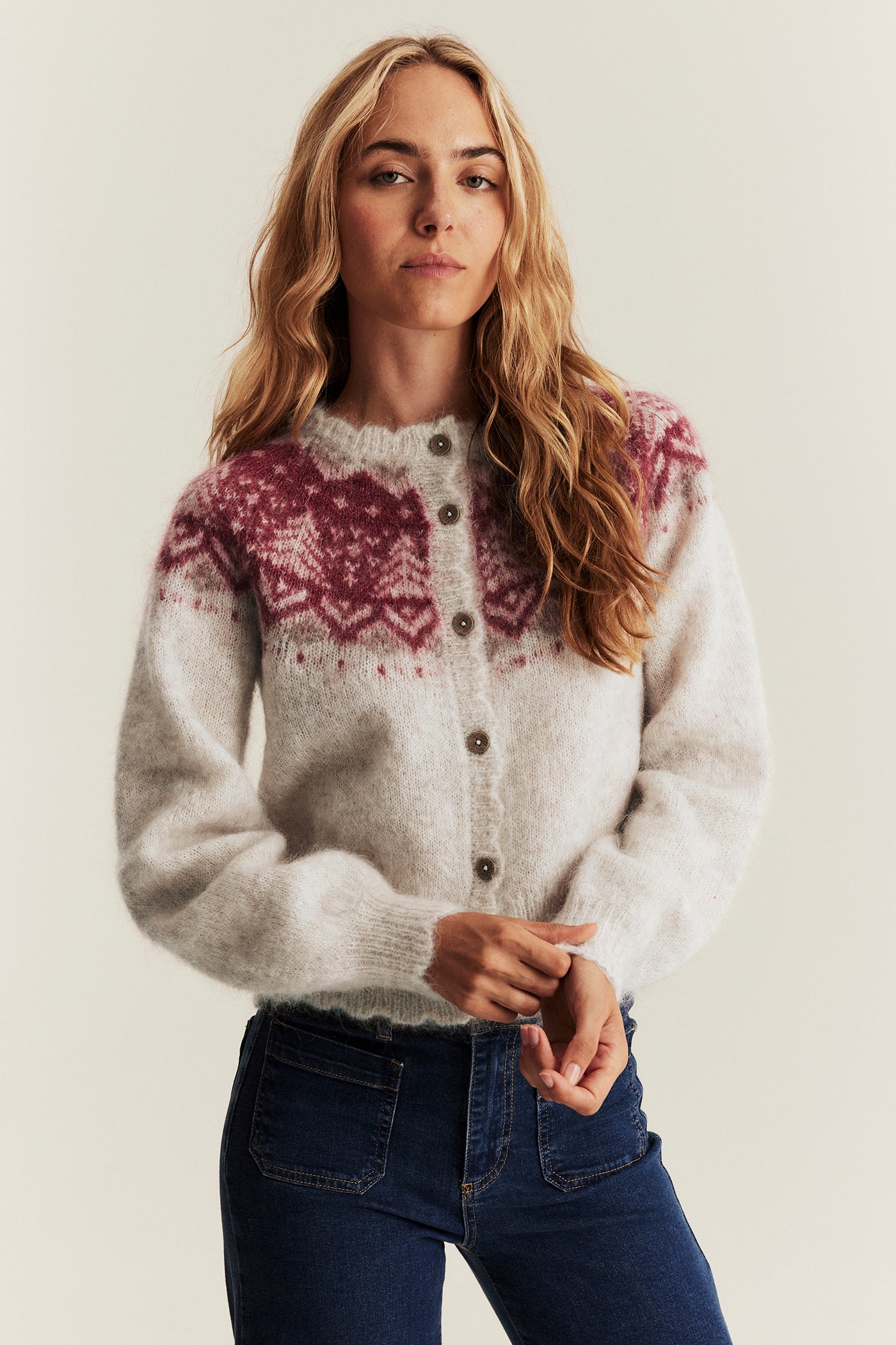 Women's beige wool-blend knit cardigan