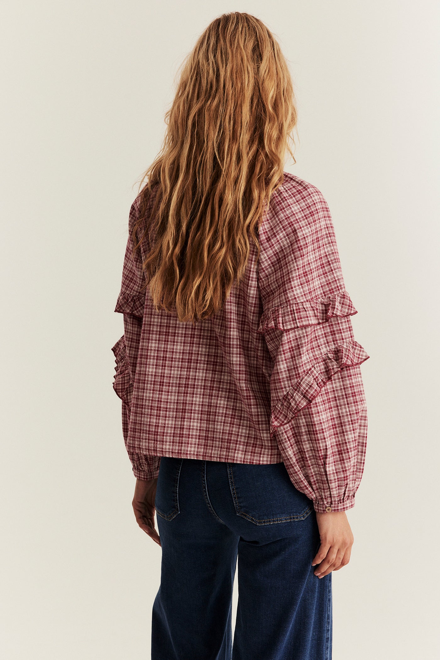 Women's red checked woven blouse