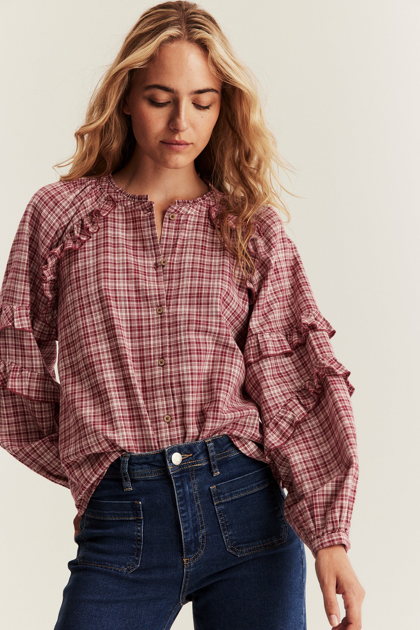 Women's red checked woven blouse