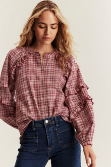 Women's red checked woven blouse