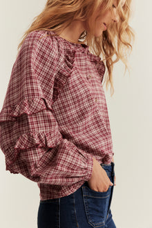 Women's red checked woven blouse
