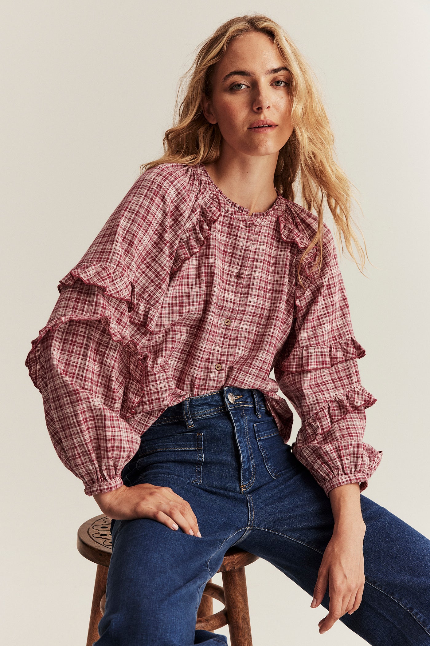 Women's red checked woven blouse