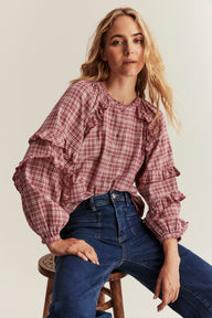 Women's red checked woven blouse