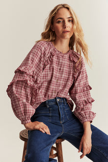 Women's red checked woven blouse