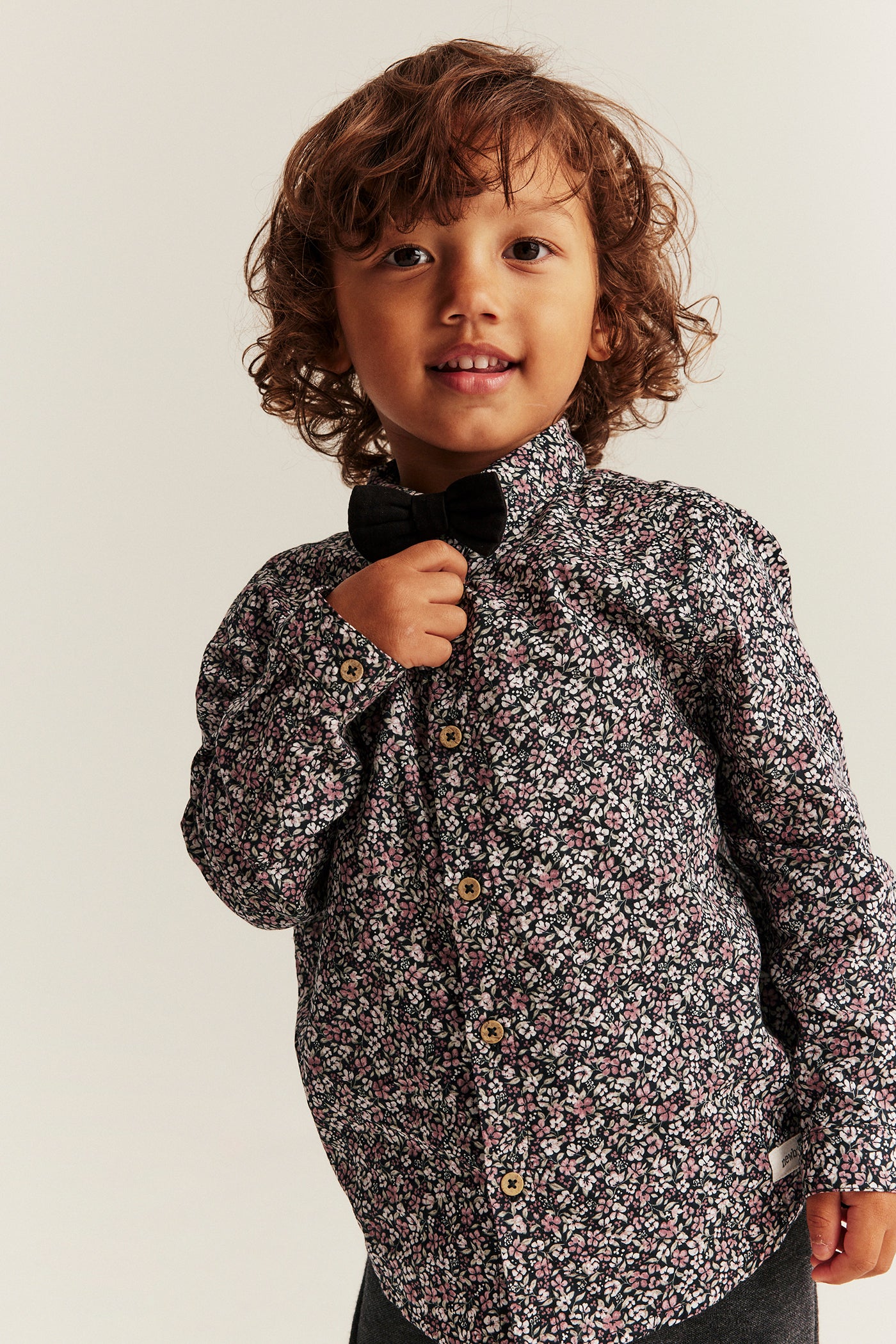 Kids black ditsy floral shirt with bow tie