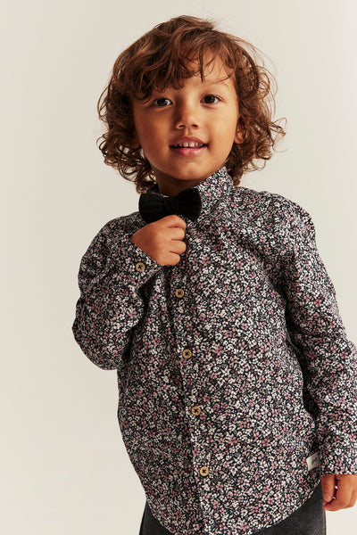 Kids black ditsy floral shirt with bow tie