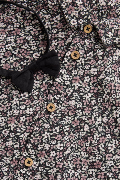 Kids black ditsy floral shirt with bow tie