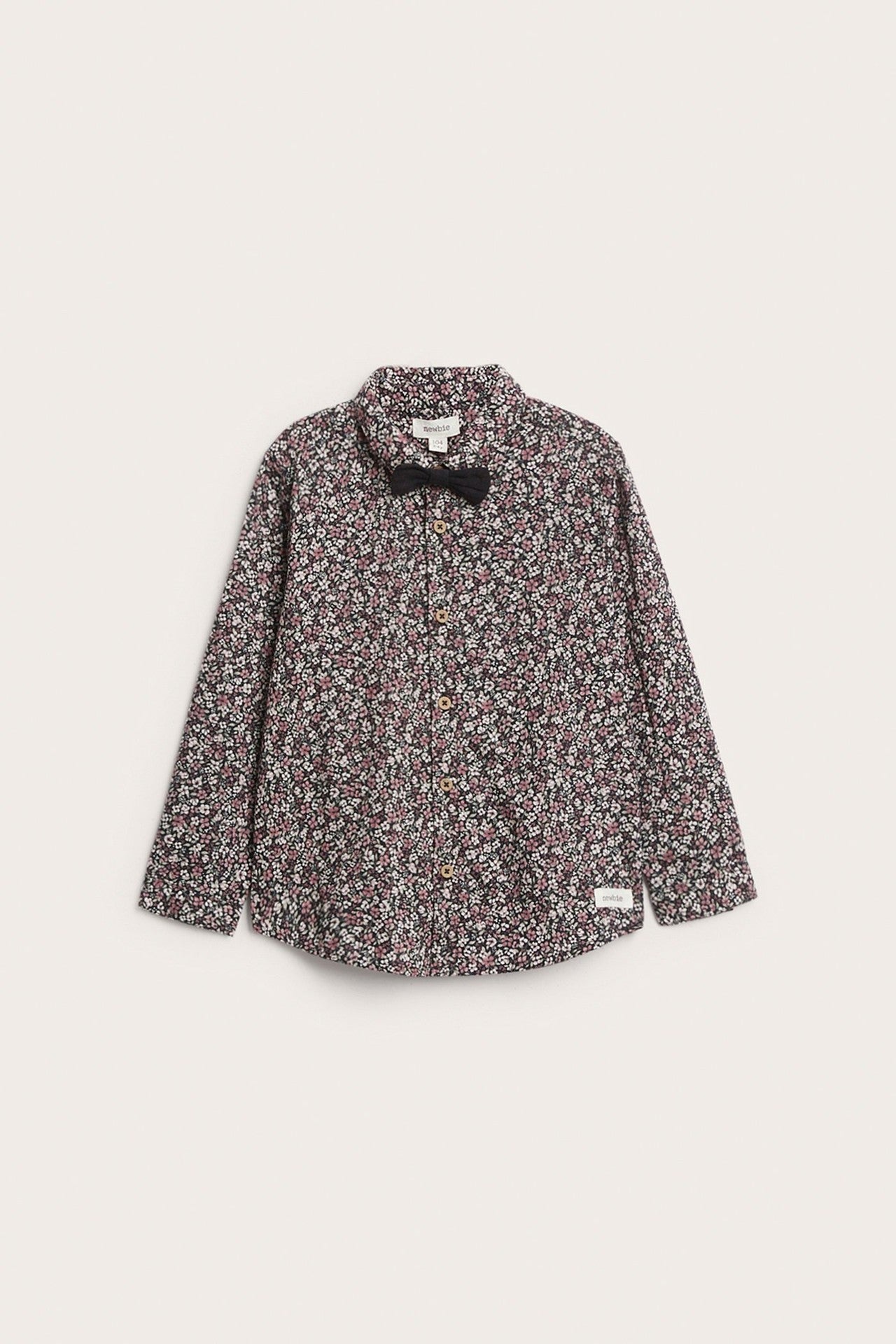 Kids black ditsy floral shirt with bow tie