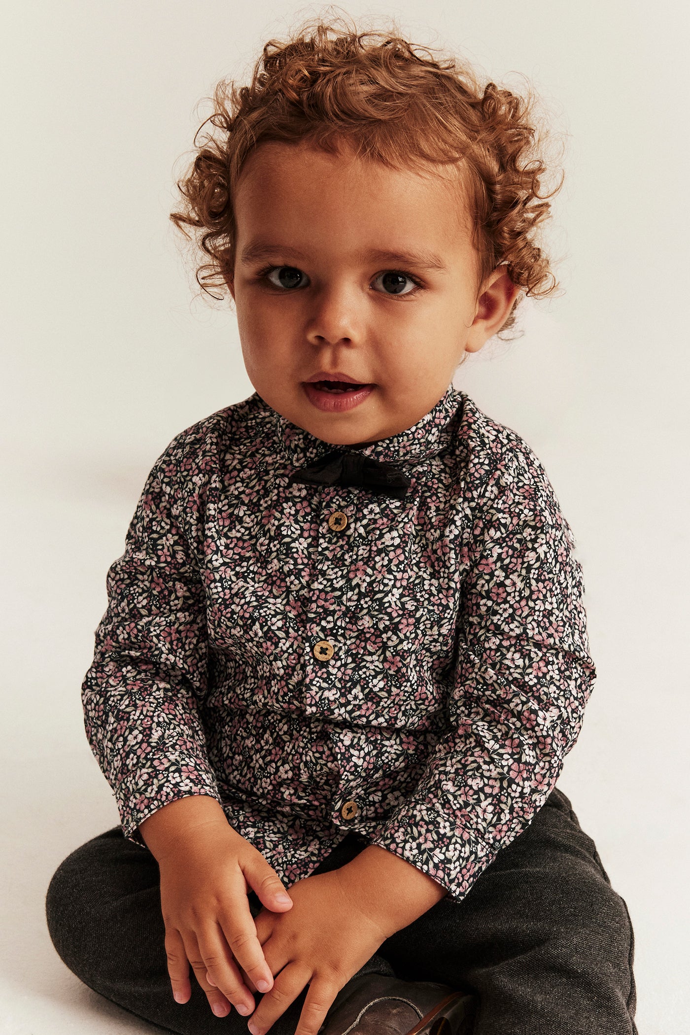 Baby black ditsy floral shirt with bow tie