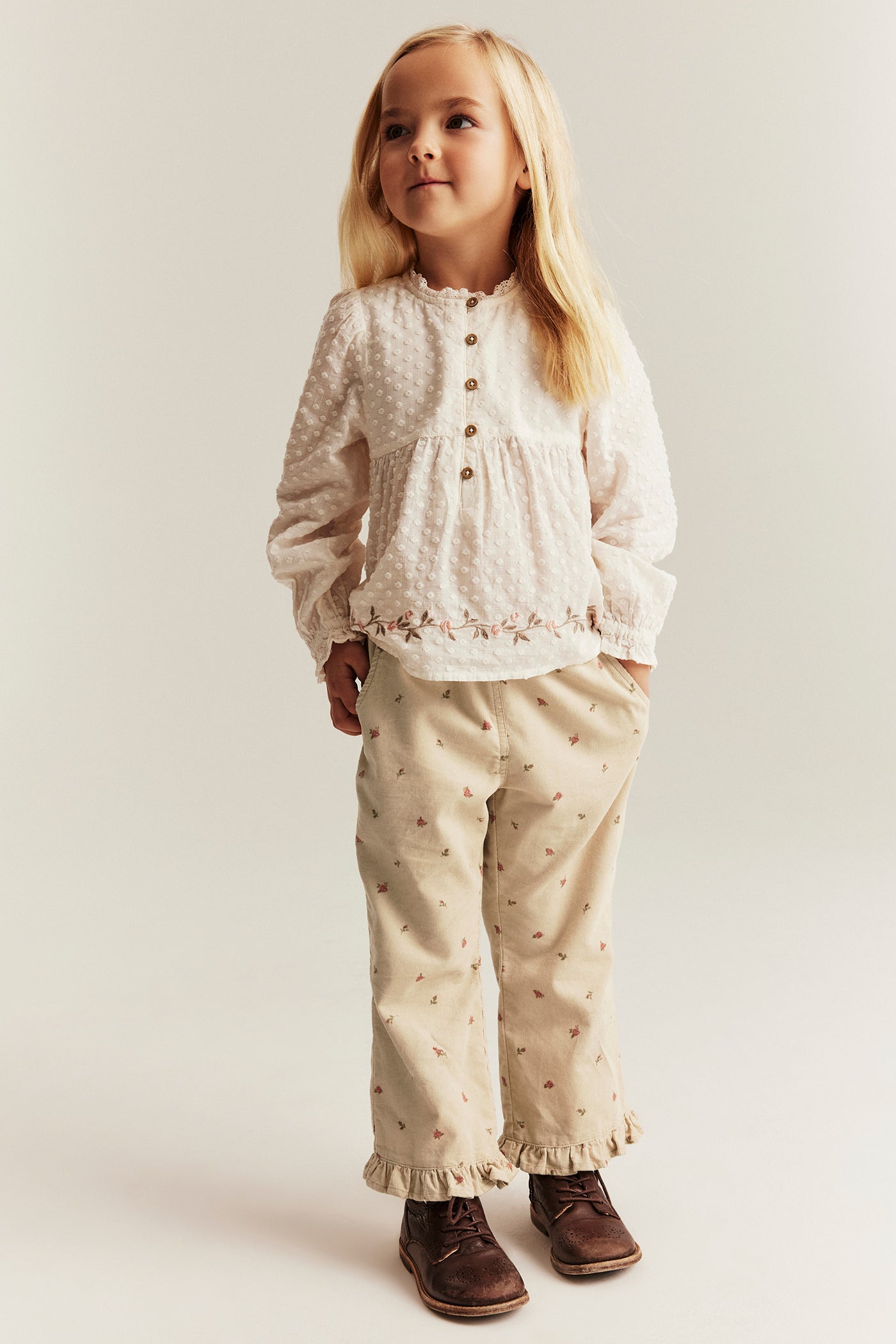Kids beige floral corduroy trousers