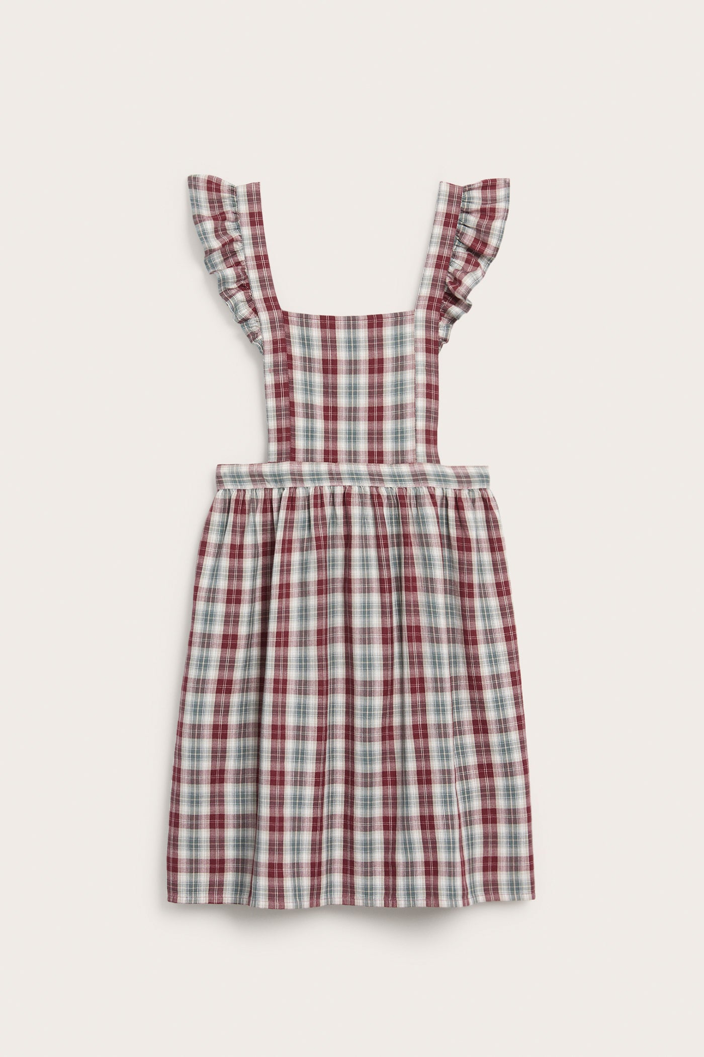 Women's red checked apron with frill detail