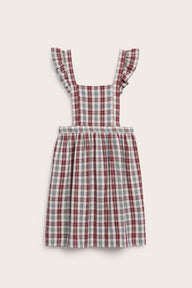 Women's red checked apron with frill detail