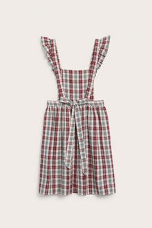 Women's red checked apron with frill detail