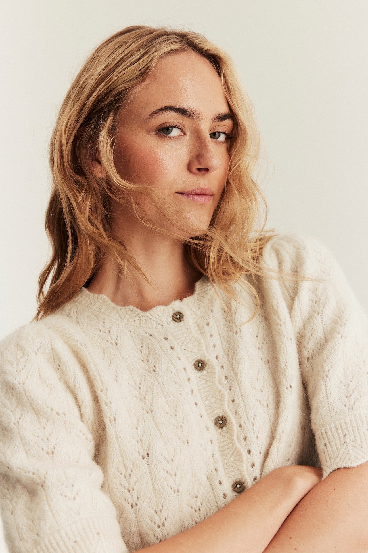 Women's beige wool blended cardigan