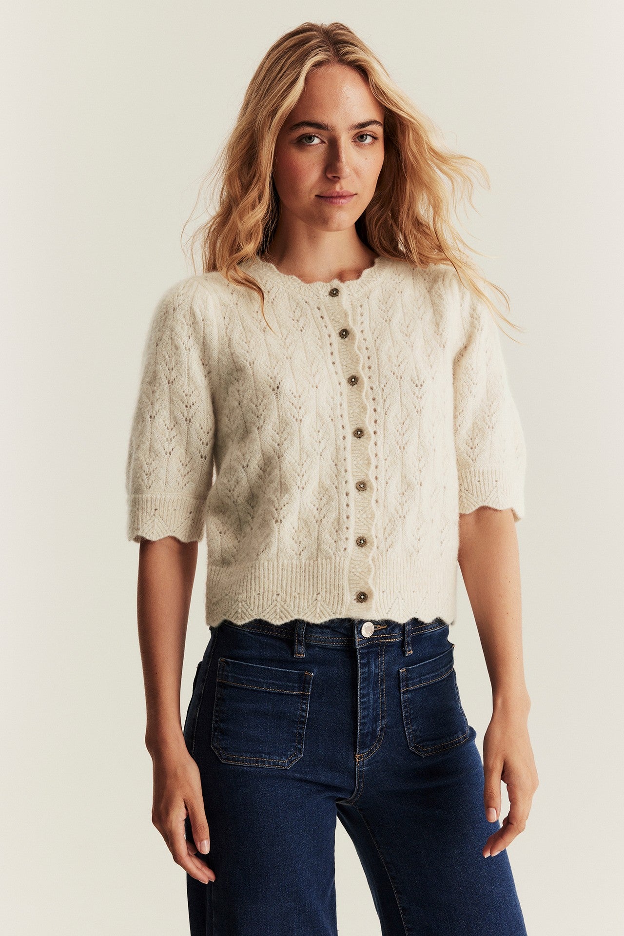 Women's beige wool blended cardigan