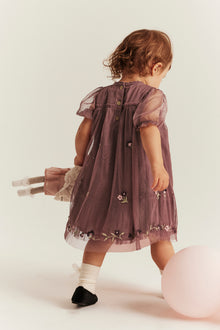 Baby pink floral mesh dress with embroidery