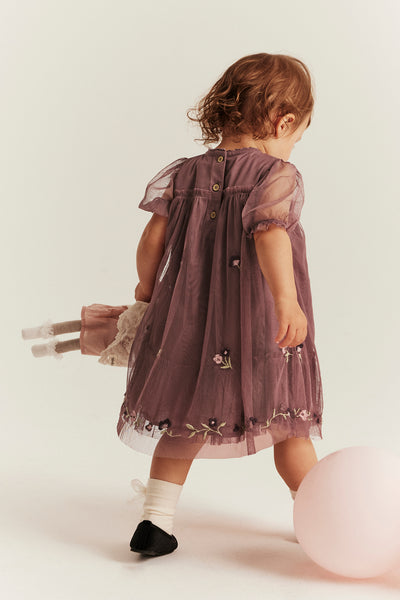 Baby pink floral mesh dress with embroidery