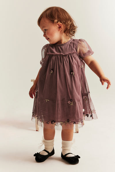 Baby pink floral mesh dress with embroidery