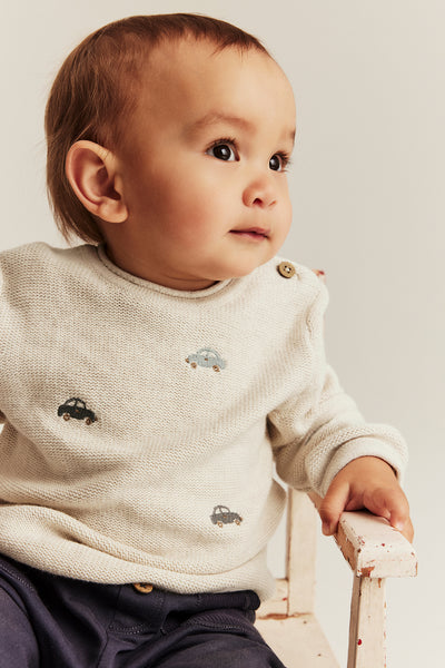 Baby beige knitted jumper with cars