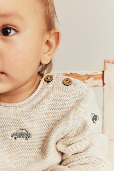 Baby beige knitted jumper with cars