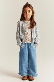 Kids blue denim trousers with floral embroidery