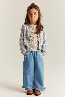Kids blue denim trousers with floral embroidery